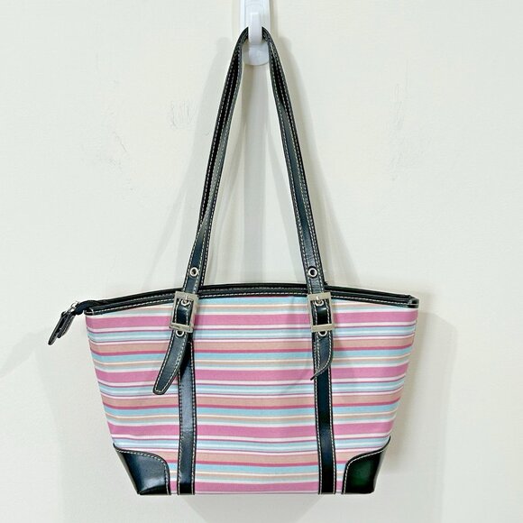 VINTAGE KATE SPADE NY Striped Satchel Pink Blue Coated Canvas Black Trim - RARE - Picture 2 of 16